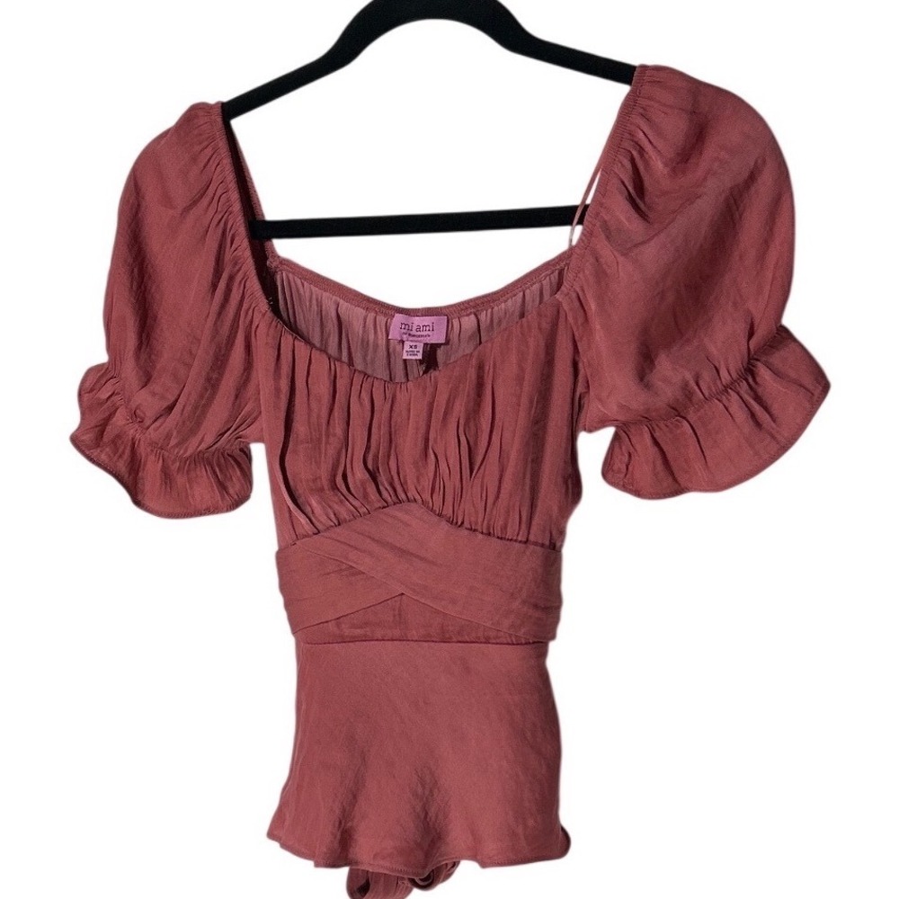 Mi Ami for Francescas Mauve Satin Puff Sleeve Peplum Tie Back Top XS New